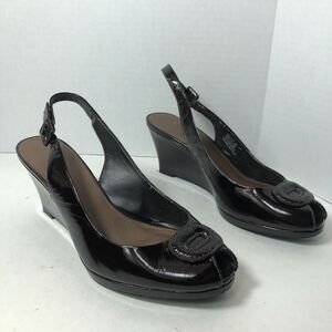 Clarks Heels‎ Womens Size 9.5 Wedge Dark Brown Peep Toe Slingback Buckle D2
